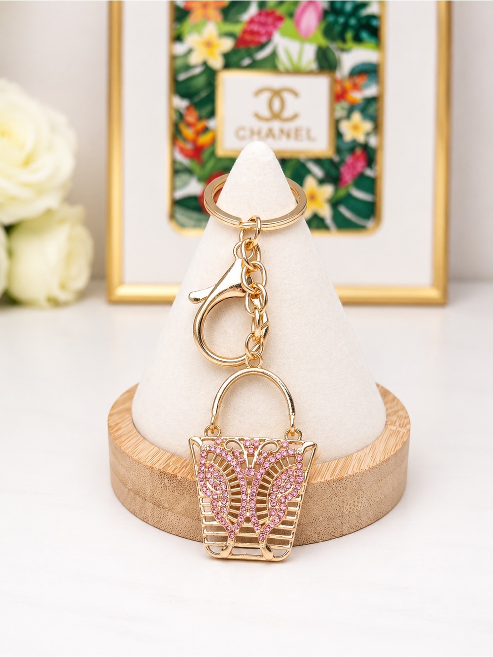 Gold Tote Keychain with Pink Crystals